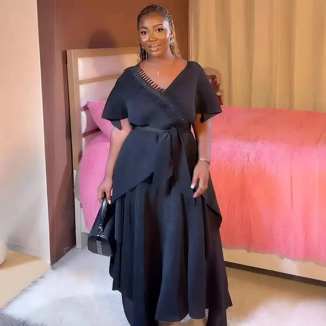 

Костюм-двойка больших размеров Miyake, плиссированное плиссированное асимметричное платье на подтяжках + верхняя рубашка с кисточками + пояс для похудения