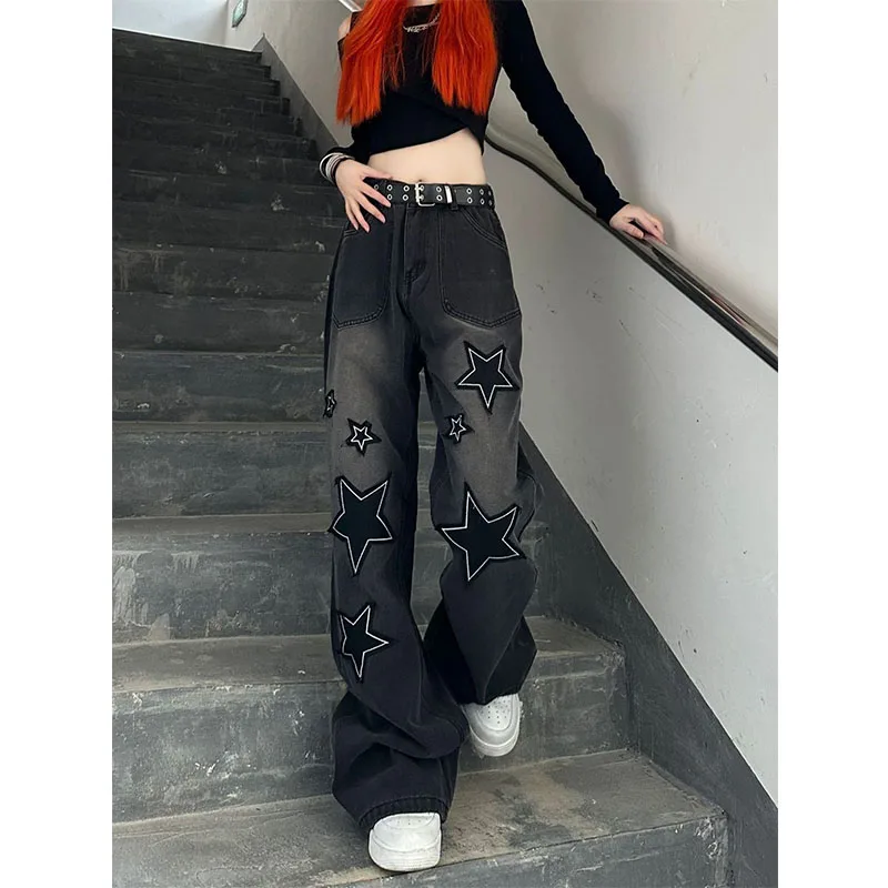 Hip Hop Vintage Women Gradient Wide Leg Jeans Star Embroidery Spring Autumn New Streetwear Fashion High Waist Loose Trousers