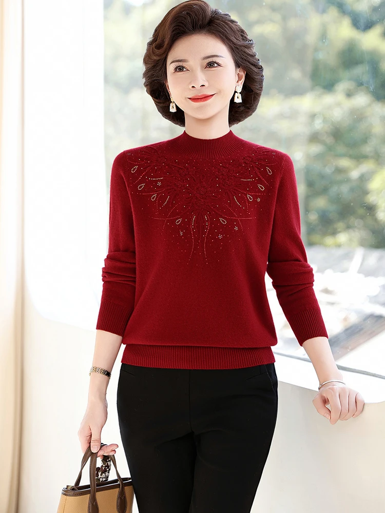 

Faionable Embroidered Knitted Base irt f High Collar Pure Woolen Women's Middle-Aged Mommy Sle Top Breathable Casual...