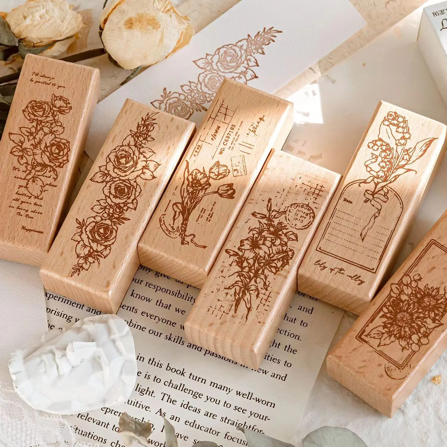 

Mo Mo Beech Wood Seal Flower Vintage Series Vintage Flower Decorative Ink Pad Primer Printing 1 piece in 6 styles