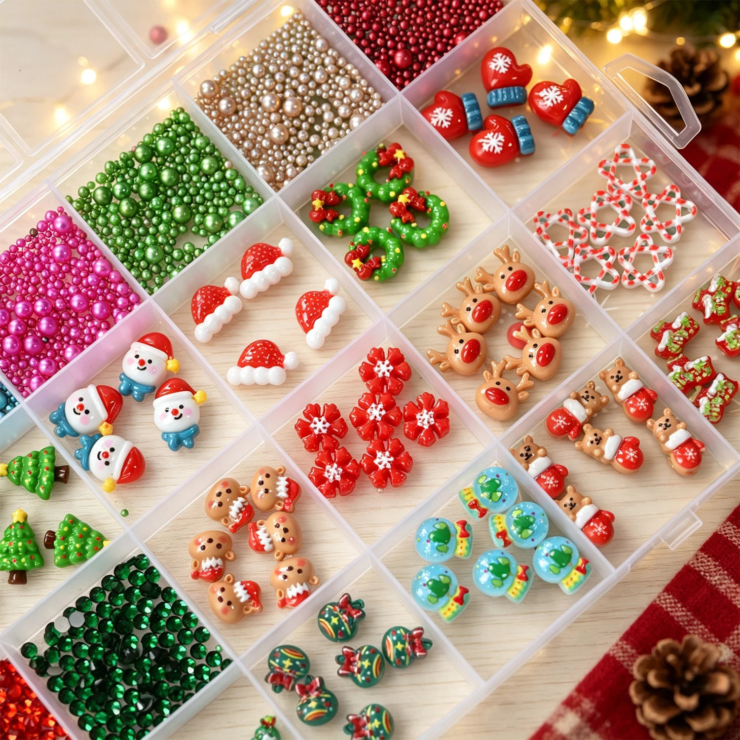 24Grids Christmas Nail Charms Mixed 3D Resin Santa Elk Tree Candy Cane Ornaments &Colorful Round Beads Xmas Manicure Accessories