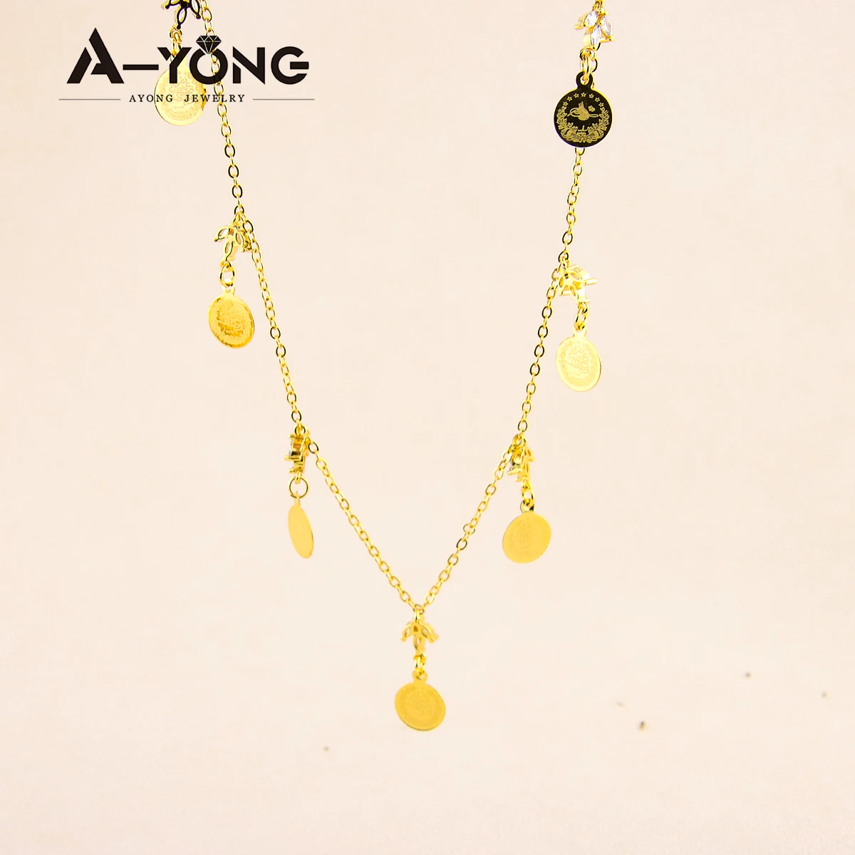 Türkische Münzen Halskette Set 21 Karat vergoldet Kupfer arabische elegante Zirkon Schmuck für Frauen Hochzeits feier Geschenke – Detail 11