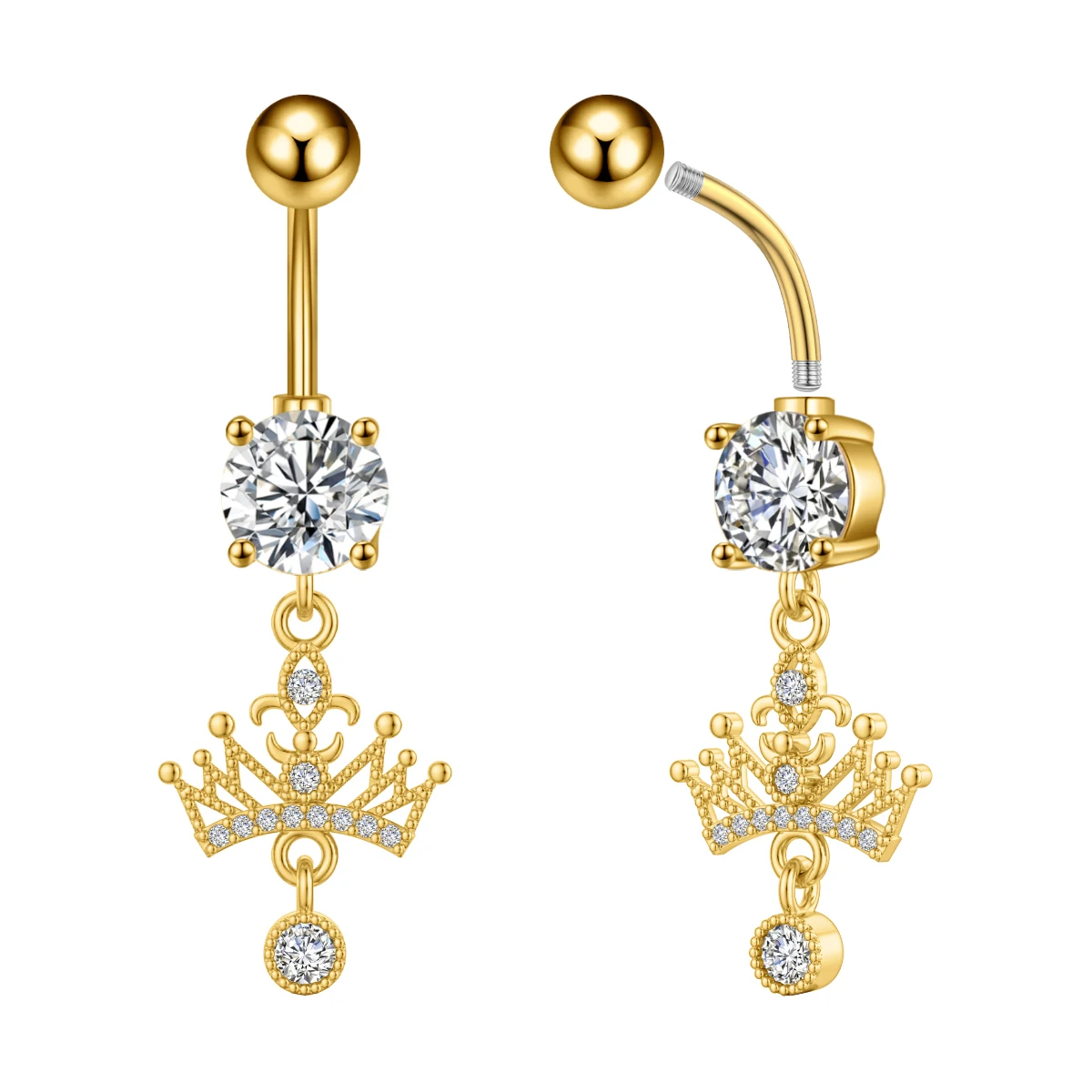 Crown Heart Dangled Belly Button Rings with Butterfly Drop