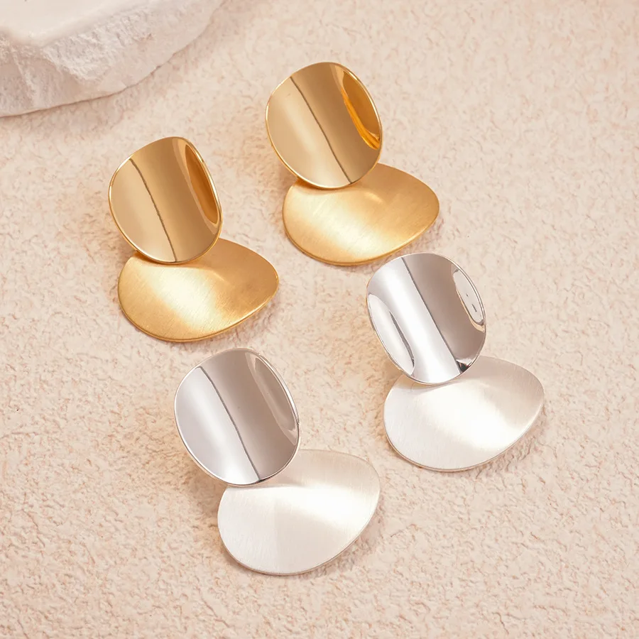 Geometric oval brushed silver needle earrings niche fashion high sense personality temperament earrings women