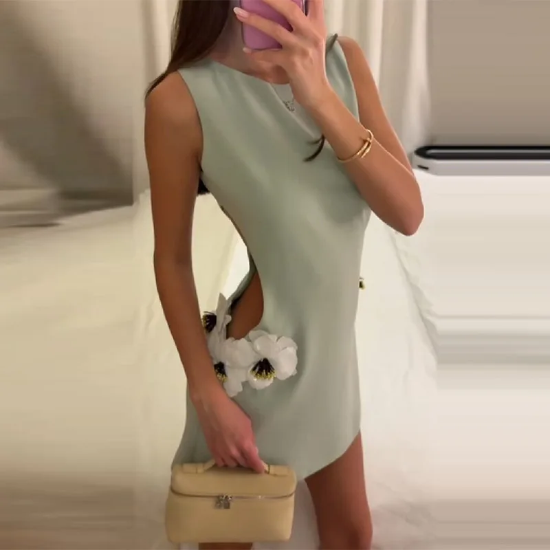 Women\'s Elegant 3d Flower Sleeveless Mini Dress Lady Light Green Vacation Party Dresses Stylish Female New Trend Summer Clothes