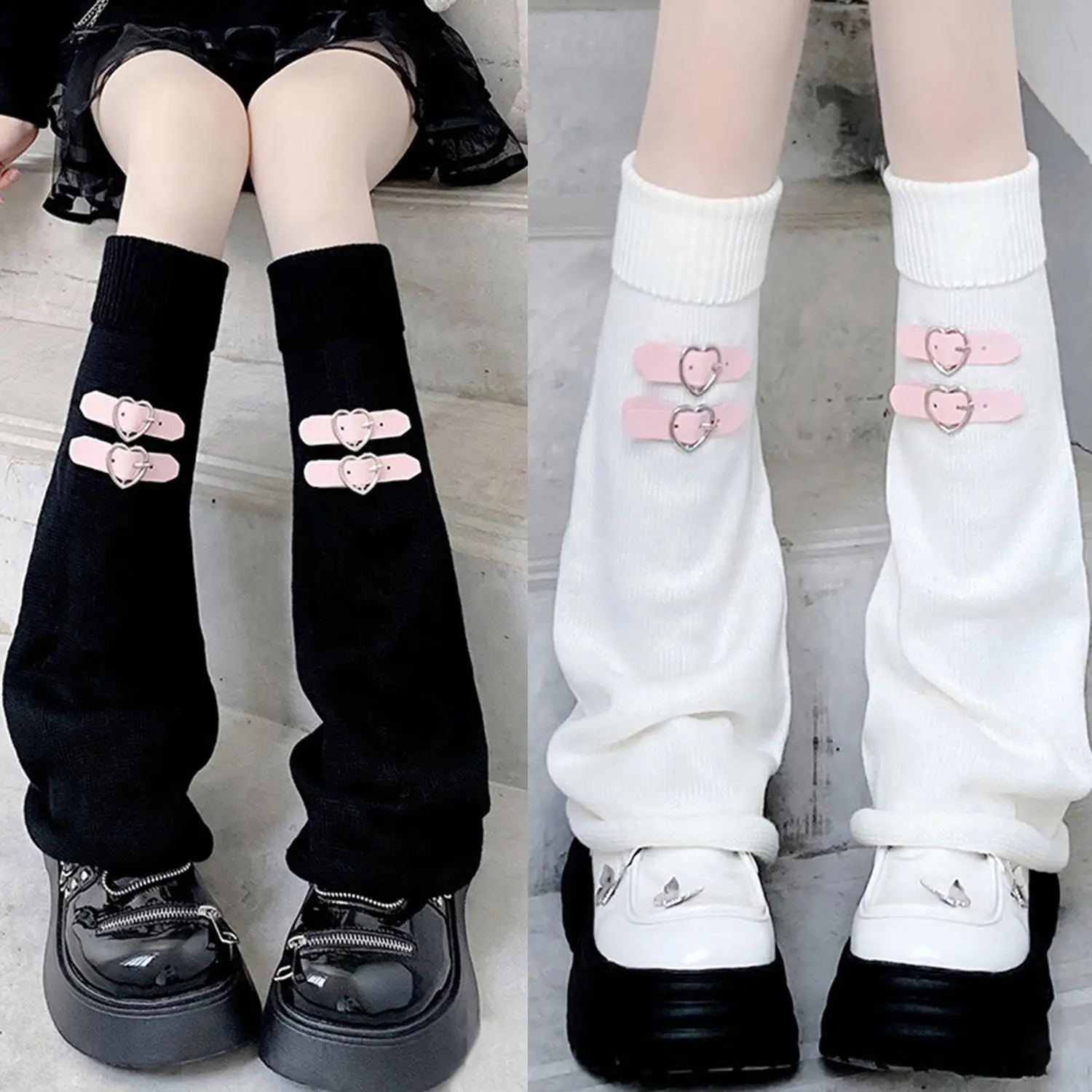 

1 Pair Y2k Knitted Loose Leg Warmers Heart Leather Buckle Stocking Women Girls Harajuku Leg Warmer Adjustable Fishnet Socks