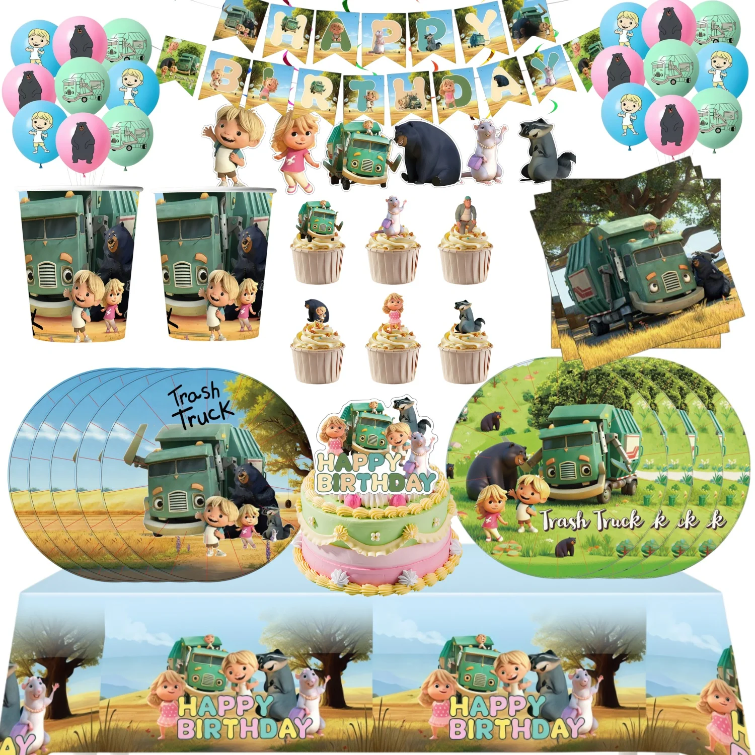 Hank&Trash&Trucks Birthday Party Tableware Decoration Garbage Cartoon Balloon Banner Cake Topper Backdrop Kid Baby Supplie Prop