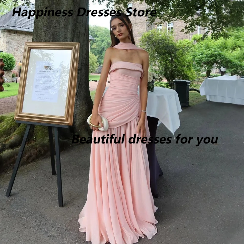 

Pink Long Prom Dress Customized Fancy Strapless Pleat A-line Evening Gowns with Scarf Backless Floor Length Party Dresses 2025