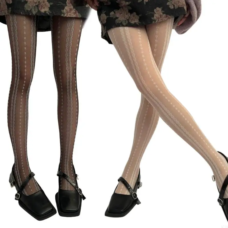 573B Women French Elegant Pantyhose Striped Lace Pattern Leggings Silk Tights Hosiery