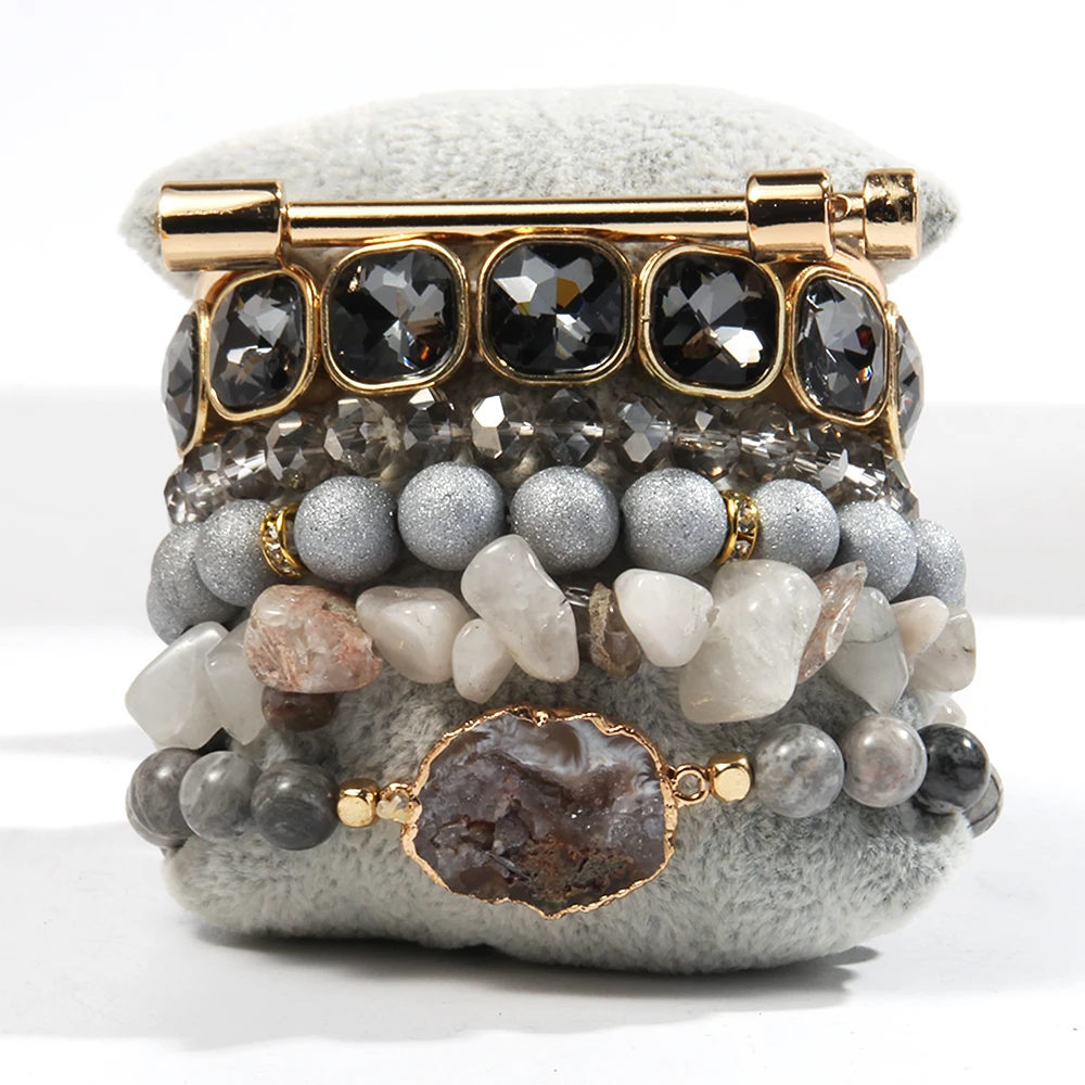 Summer New Fashion Bohemian Style 6pcs Pink Grey Set Natural Stone Glass Beaded Elastic Bracelet  Druzy Charm Stack Bracelet Set