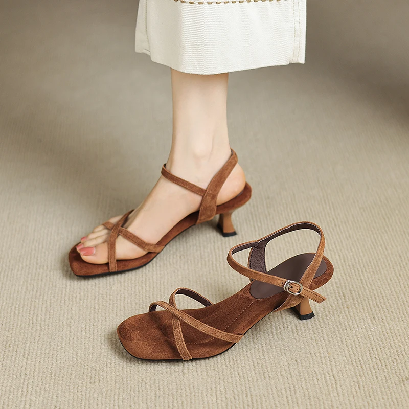 2026 new summer women sandals natural leather 22-25cm kid suede+pigskin+sheepskin cross-tied ankle-buckle high heel women shoes