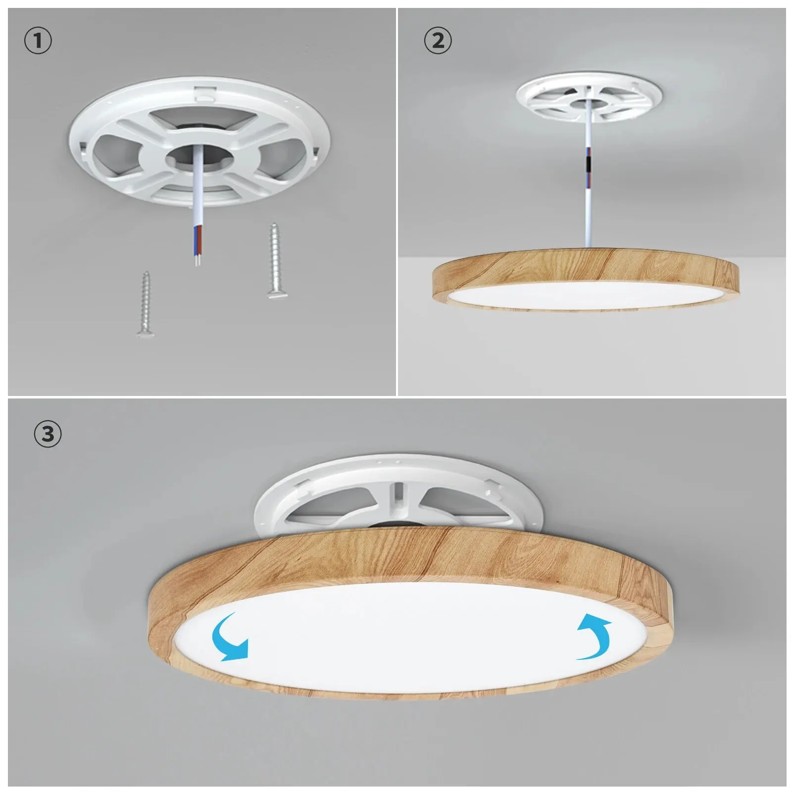 LVL LED 천장 조명 우드 그레인, 홈 조명, 주방, 침실, 욕실, 라운드 플러시 천장 램프, 3 in 1 조명 색상