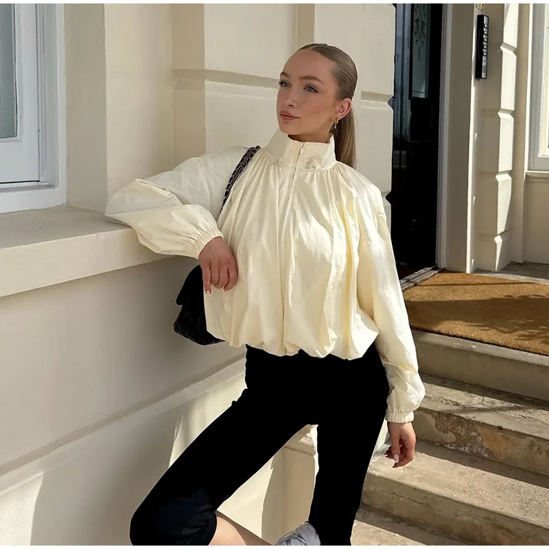 Rollkragen-Oversize-Cropped-Jacken für Damen, Street-Style, Lange Ärmel, Reißverschluss, Einfarbig, Locker Sitzende Mäntel, Schicke Damen-Oberbekleidung, Neuheiten – Detail 9