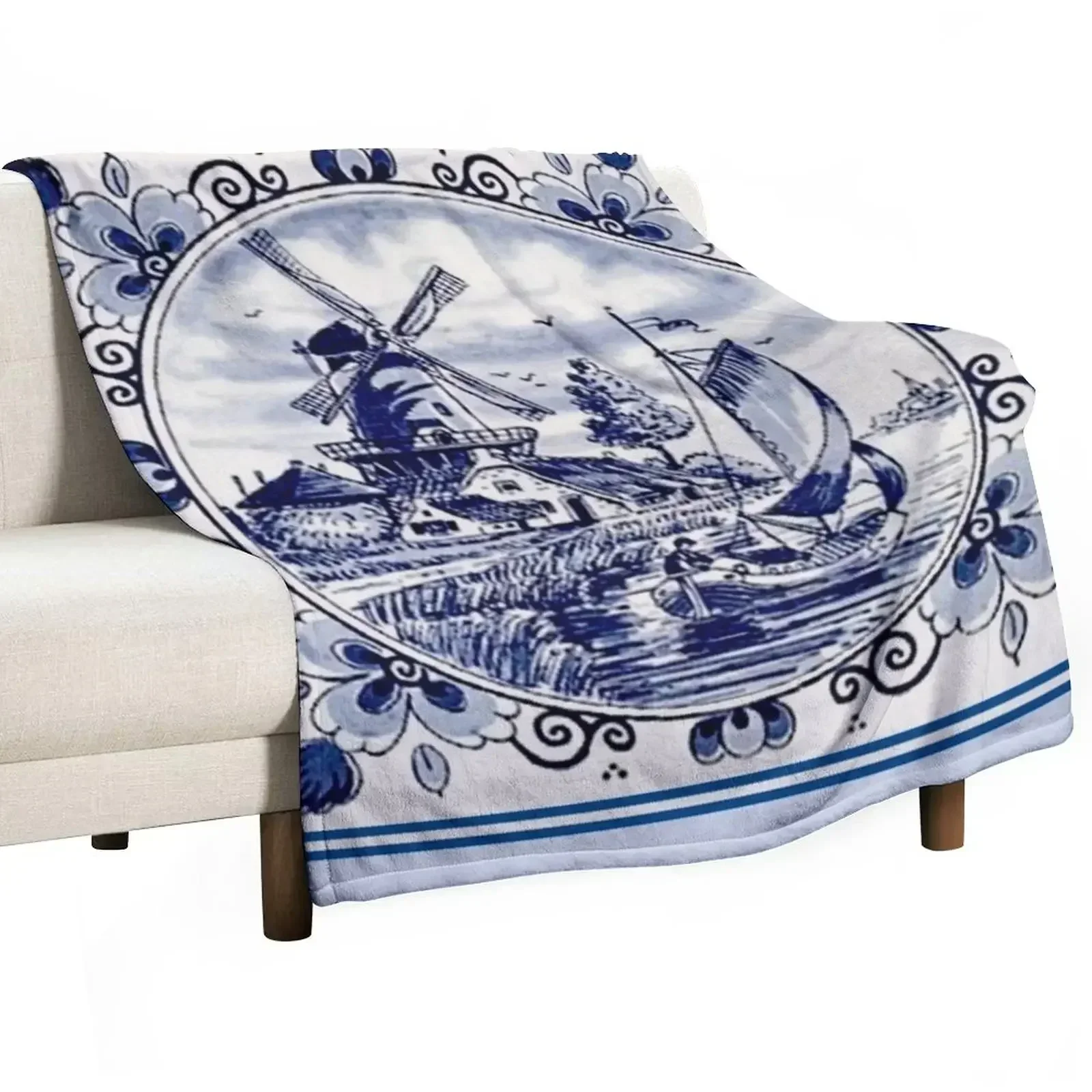 

DUTCH BLUE DELFT: Vintage Windmill Print Throw Blanket Anti Shedding Soft Fuzzy Blanket for Home