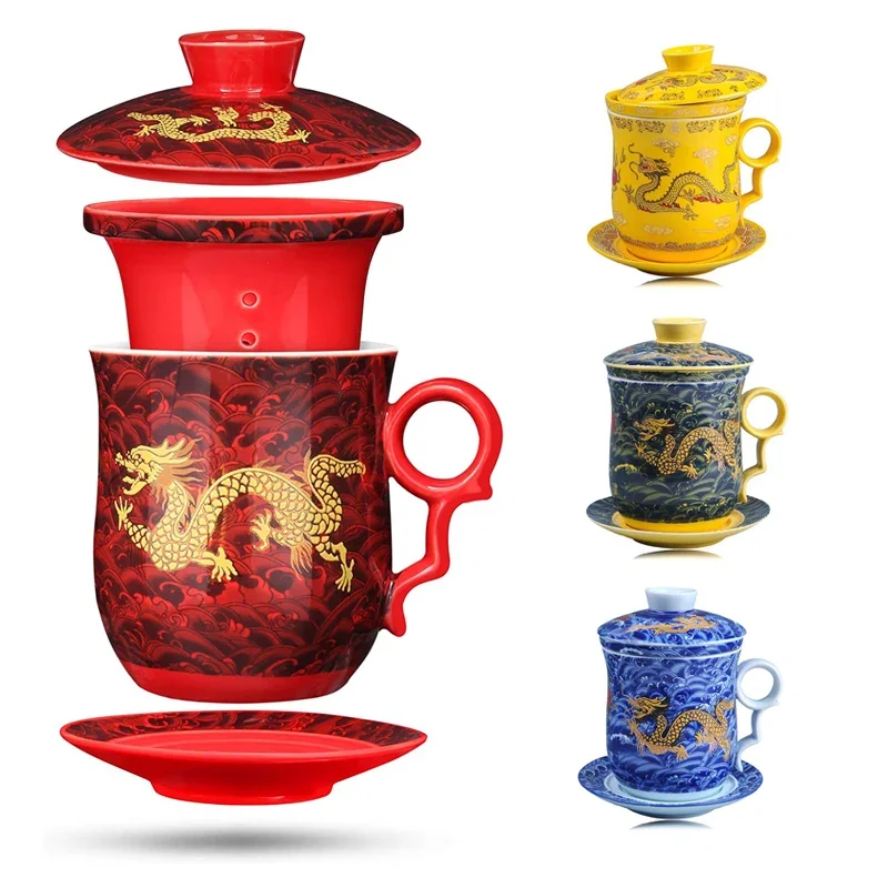 

Chinese Dragon Pattern Tea-Mug with Strainer Infuser and Lid and Saucer Ceramic Tea Mug Convenient Porcelain Personal Tea Cup