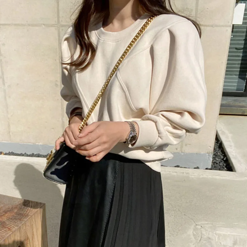 Felpa allentata moda coreana donna autunno inverno casual felpe a maniche lunghe donna pullover tinta unita top con o-collo tutto-fiammifero