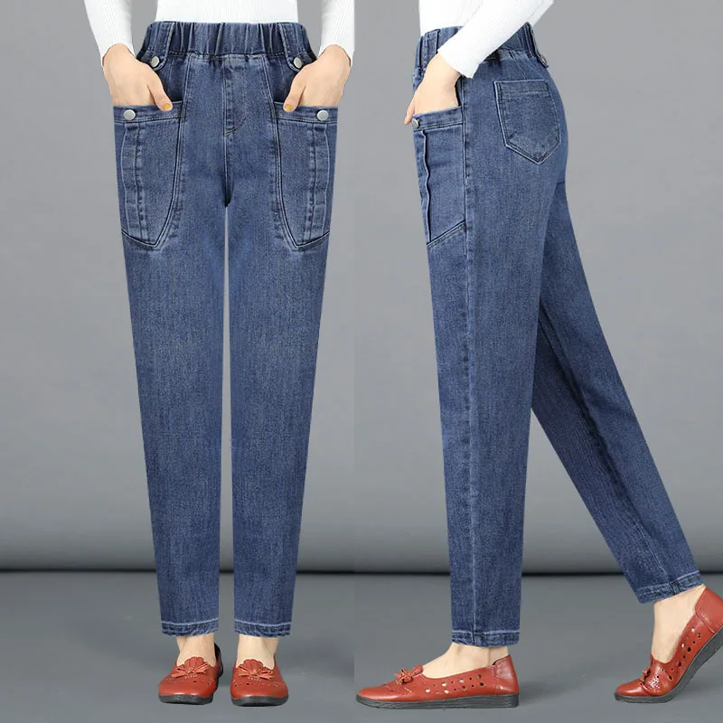 

Свободные женские джинсы-клеш из тонкого хлопка с высокой талией, эластичные, осенне-зимние, темно-синие...