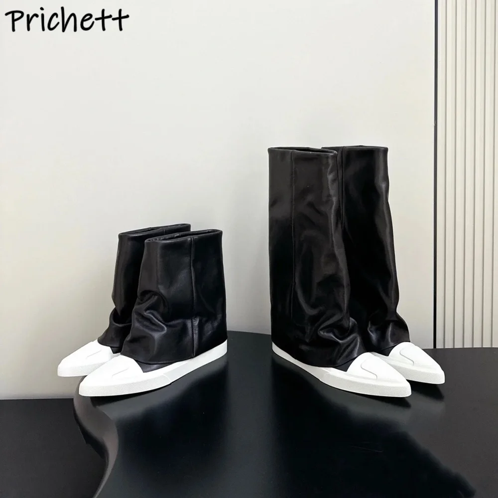 

Black White Leather Boots Turn Over Edges Slip On Sexy Pointy Toe Hotties Shoes Women's Fashion Winter Flat/thin Heels Boots