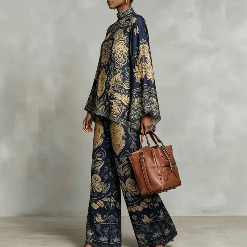 Women Flare Sleeve Printed 2 Piece Sets Stand Collar Loose Blouse High Waist Wide Leg Pants Suit Boho Solid Resort Casual Outfit image 2