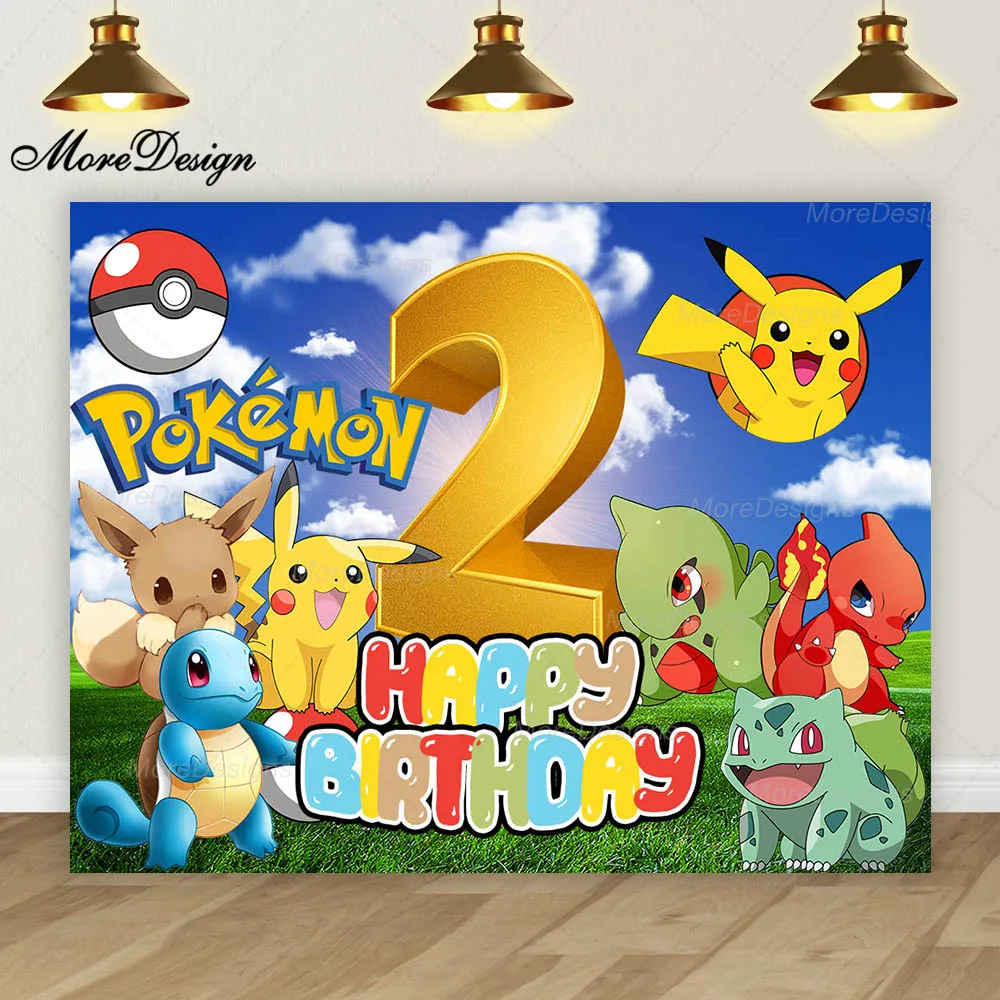 Pokemon Photo Backdrop Kids Birthday Party Decoration Cartoon Cute Pikachu Vinyl Polyester Fabric Background Banner