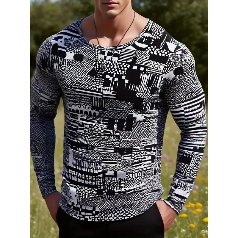 3D Printed Casual Long Sleeve Men T Shirt 2026 Pixel Square Graphic Tee Comfortable Polyester Fitness Tight Pullover Spring
