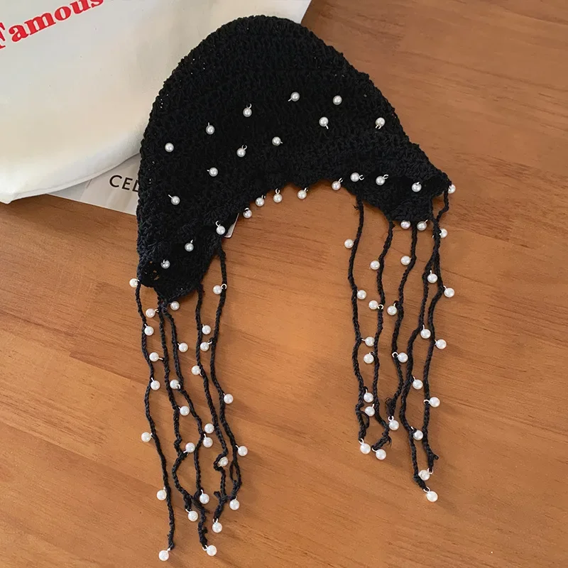 Hollow Out Pearl Tassel Pendant Headband Hat For Women Summer Ethnic Style Knitted Pullover hat, Retro Face Enhancing Small Hat