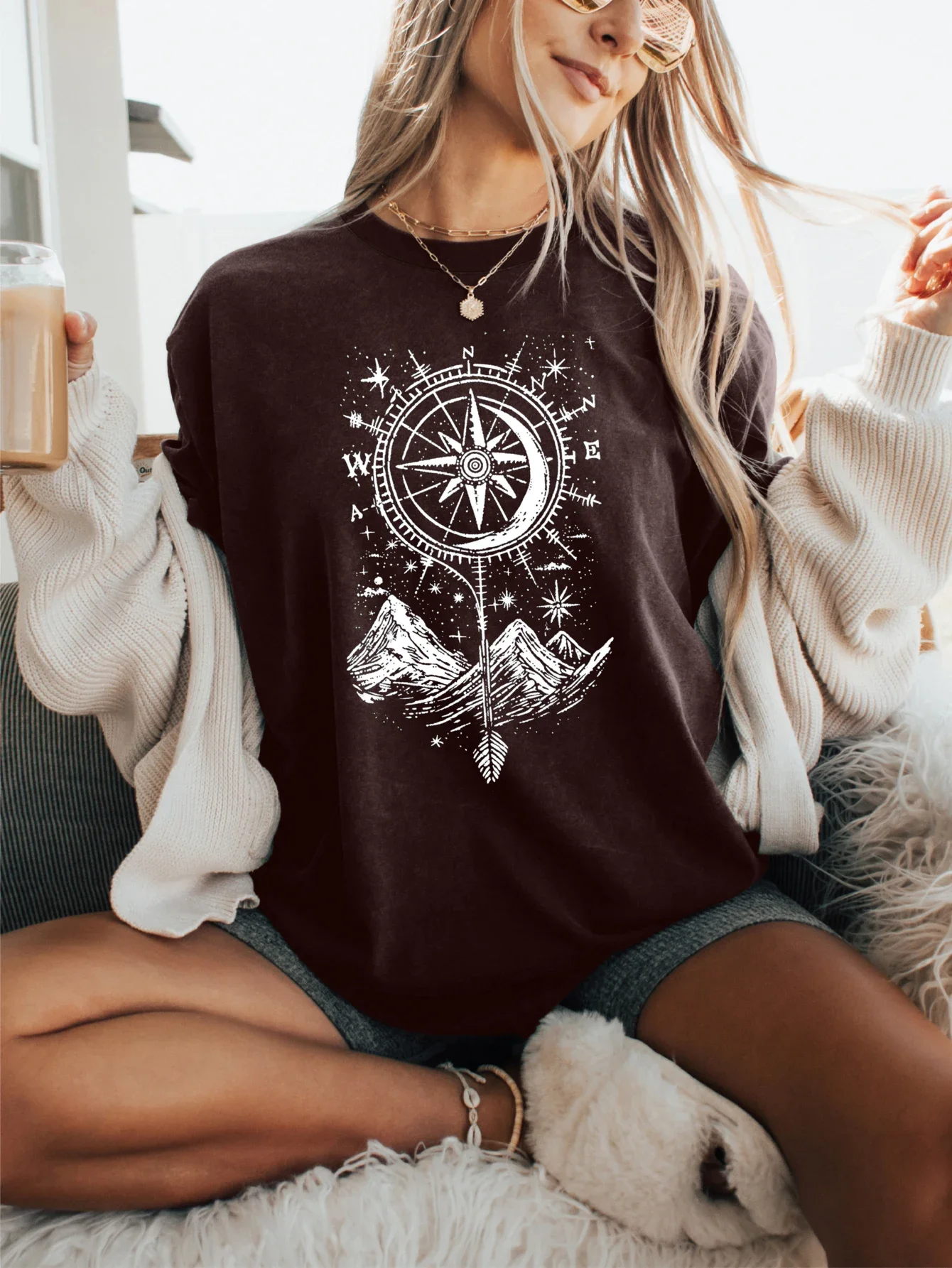 Explorer\'s Compass and Mountain with Design Print T-shirt Short Sleeve Crew Neck Casual Top For Summer&Spring Women\'s Clothing