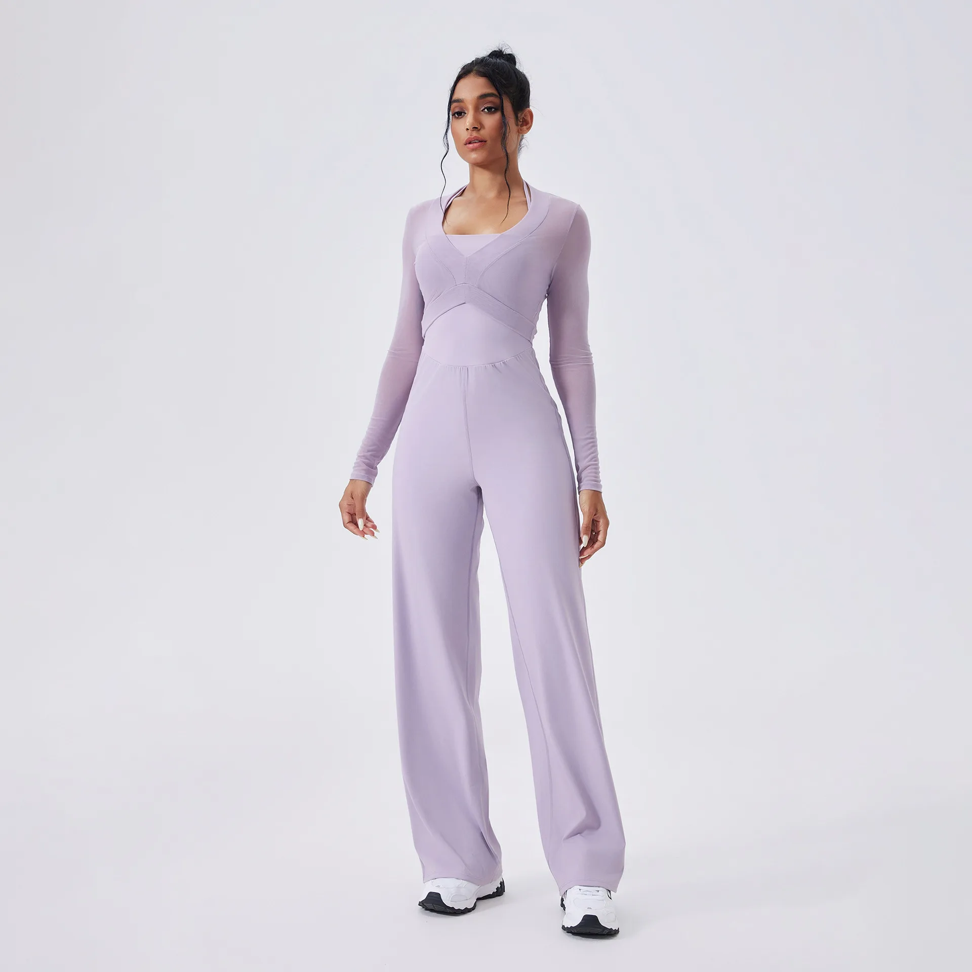 

Winter Fitness Peach Hip Sports Bodysuit for Women One-Piece High Waist Straight-Leg Slimming Mesh Long Sleeve Yoga Jumpsuits