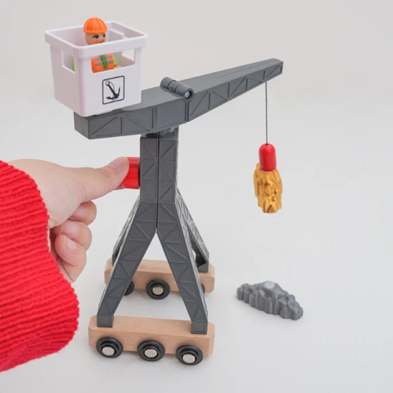 مجموعة ألعاب رافعة البناء الخشبية، ملحقات المسارات الخشبية، مركبة هندسية تناسب جميع العلامات التجارية لمسارات القطارات الخشبية #3