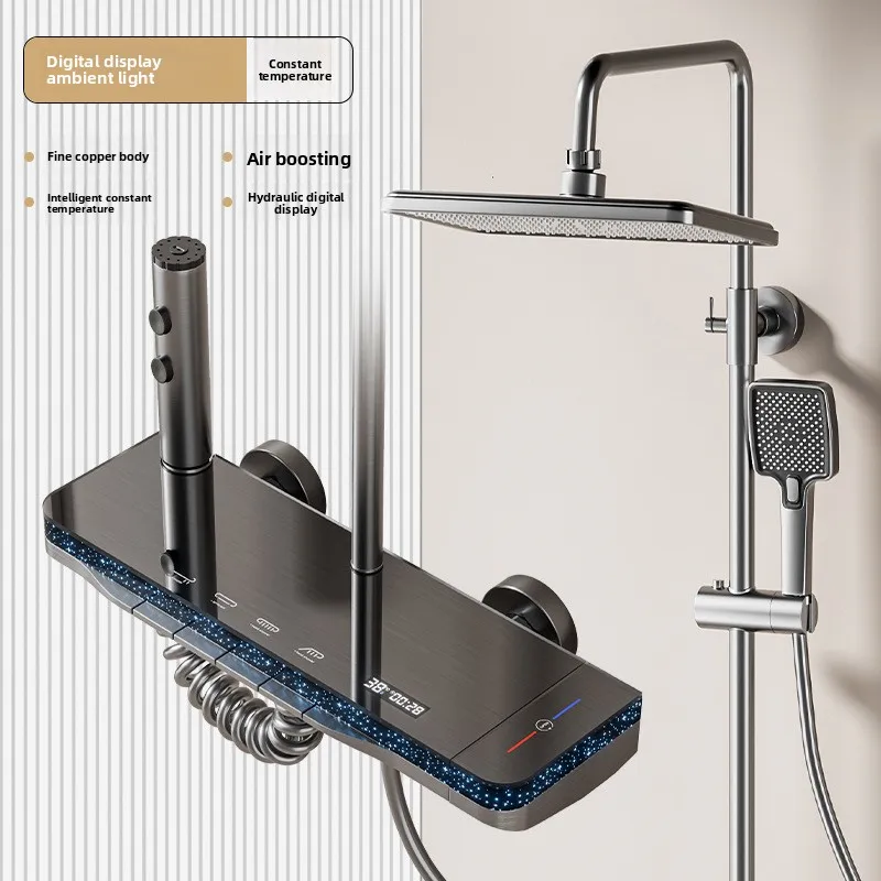 New All Copper Shower Set Starry Sky Light Digital Display Thermostatic Pressure Boost Shower Head Shower Head and Handle Set