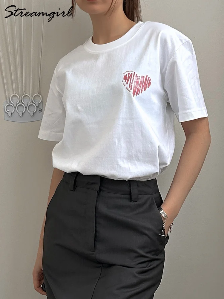 Streamgirl Cotton 100% T Shirt For Women Basic Pink Heart Print Cotton Top Summer Ladies Short Sleeve Couple T Shirt For Lovers