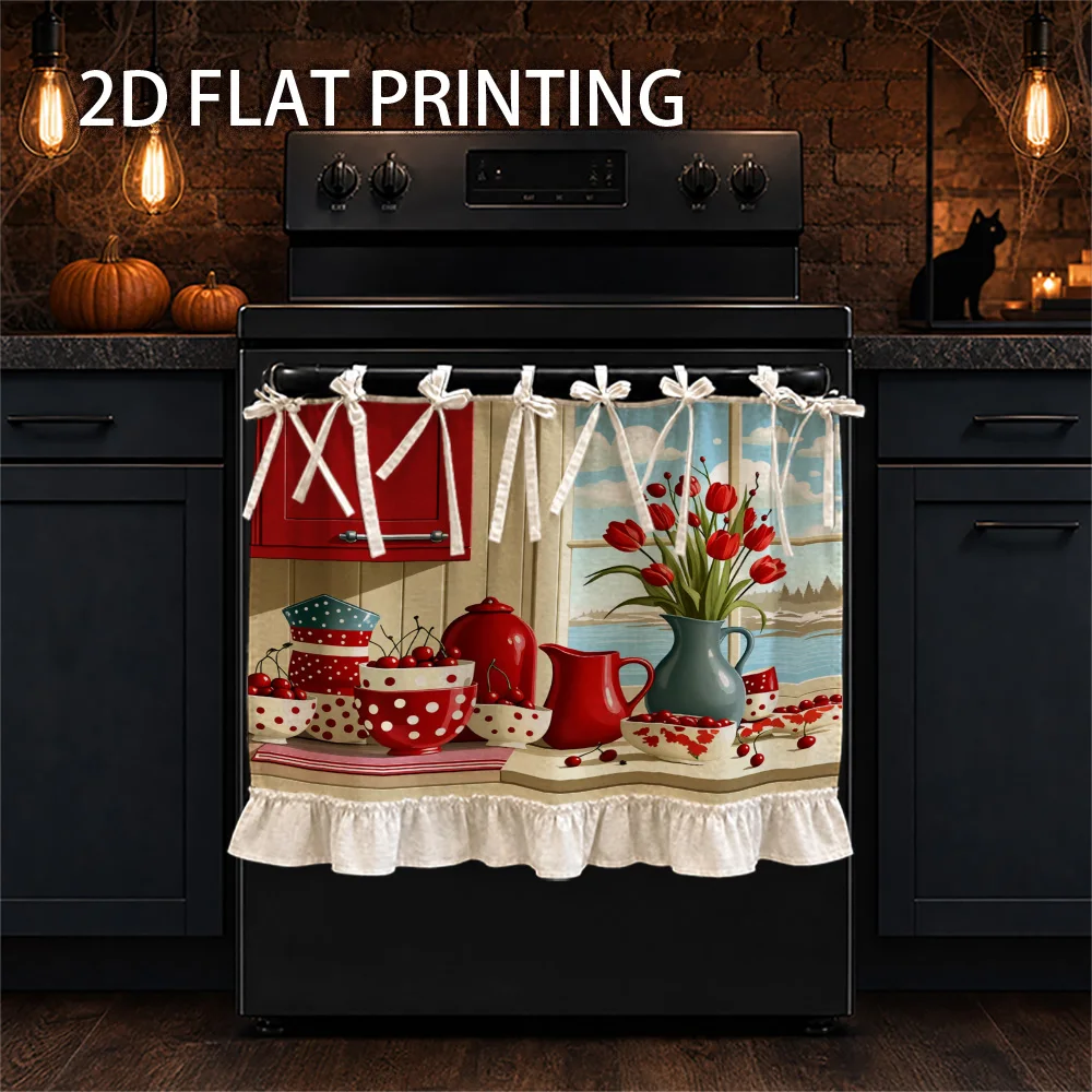 1PC kitchen stove curtain, cabinet curtain, apron. Features a 2D graphic print design with cherry, tulip and polka dots. Can be