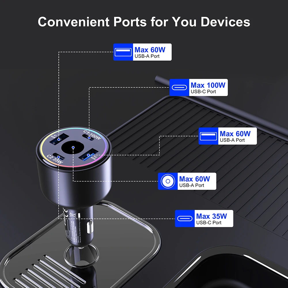 Autoladegerät für Starlink Mini, 255W 5-Port 60W 30V/2A DC-Anschluss & 100W USB-C PD Schnellladung für MacBook Pro iPhone17 Samsung S26 – Detail 2