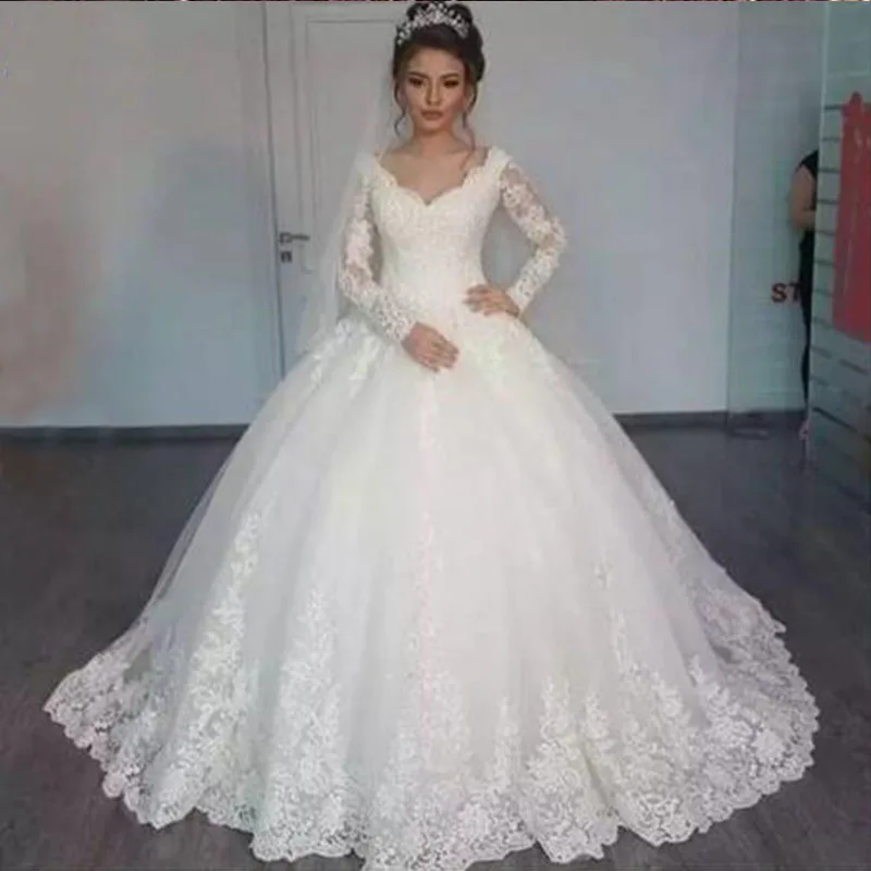 Vestido de novia Formal de manga larga con cuello en V y encaje de tul blanco marfil, 2022