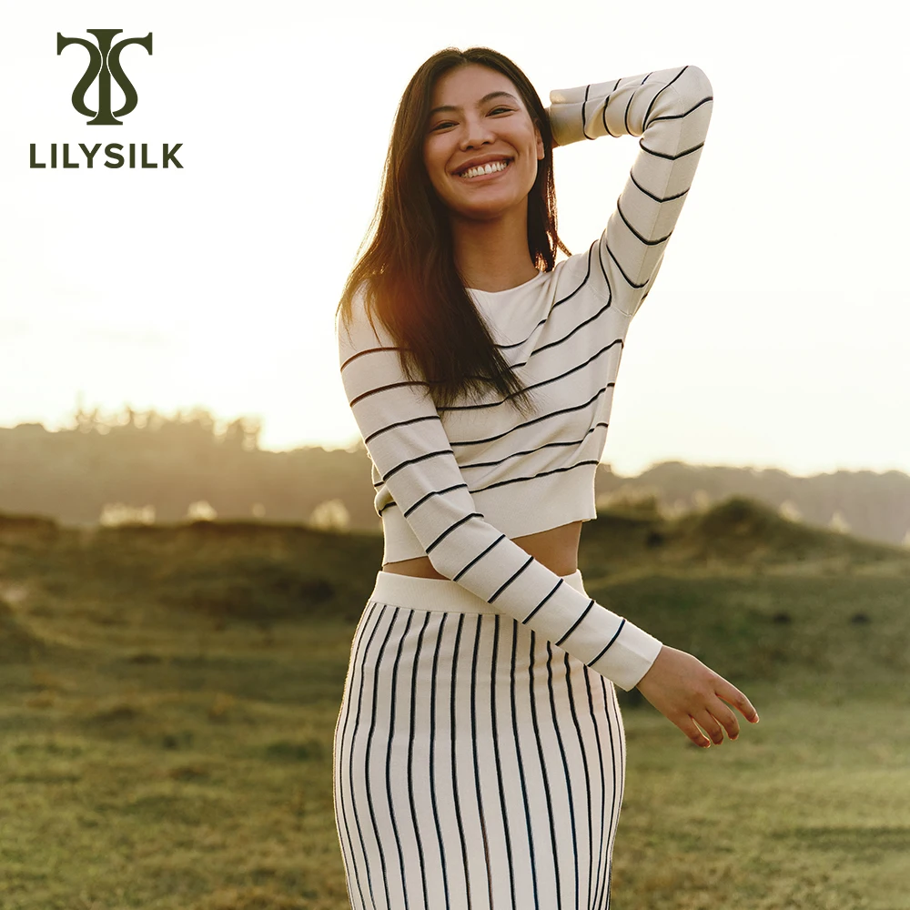 LILYSILK Silk Knitted T-shirt for Women 2024 Spring New Casual Striped Crew Neck Long sleeve Slim Fit Top Free Shipping