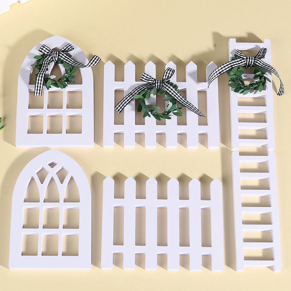 

3pcs Farmhouse Decorative Ornaments Rustic Wooden Signs Tray Decor Spring Adornments Mini Ladder Fence Window Home Style Table
