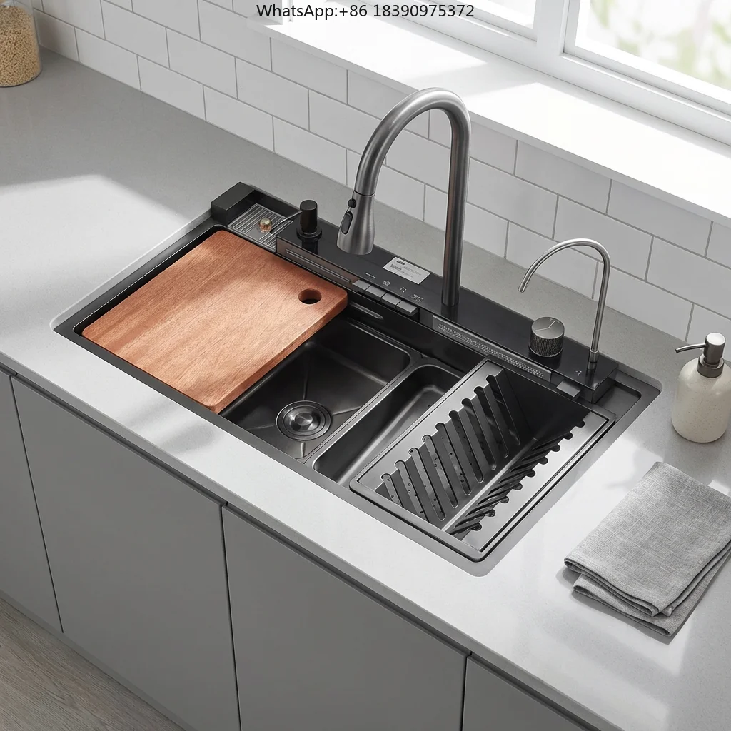 High-quality Undermount Single-bowl Modern Kitchen Sink Built-in Stainless Steel Intelligent Waterfall Pull-out Faucet 5-Year