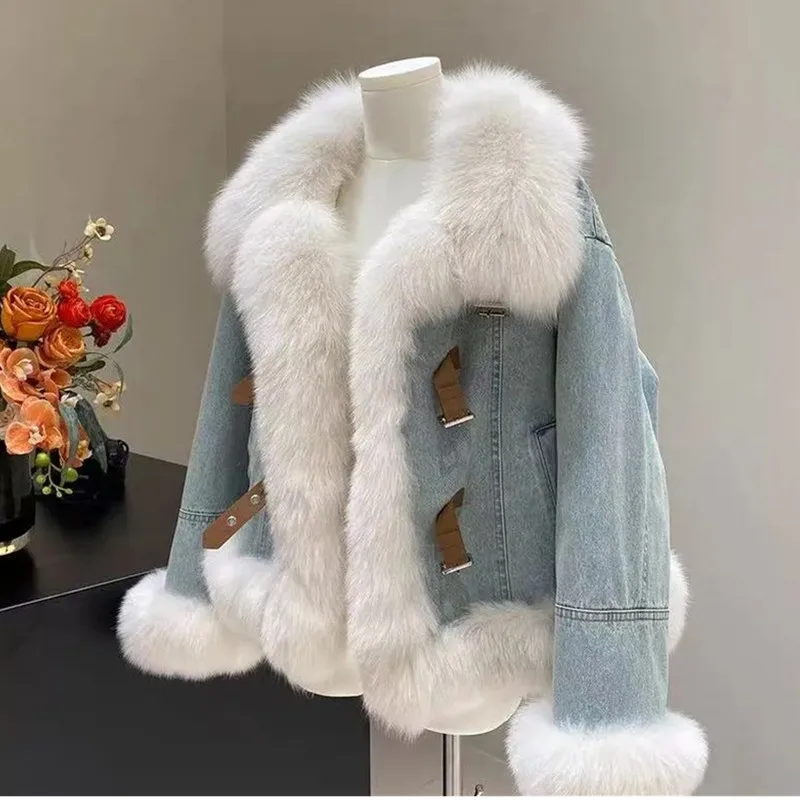 Women Denim Coats Y2k Casual Jackets Squre Collar Long Sleeves Faux Fur Distressed Loose Open Stitch Slight Strech 2026 Autumn