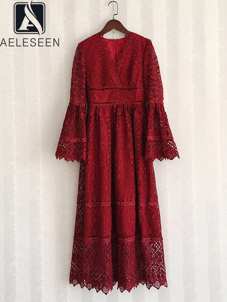 

AELESEEN Designer Fashion Women Lace Dress Spring Autumn Flare Sleeve V-Neck White Wine Flower Embroidery Elegant Long Party