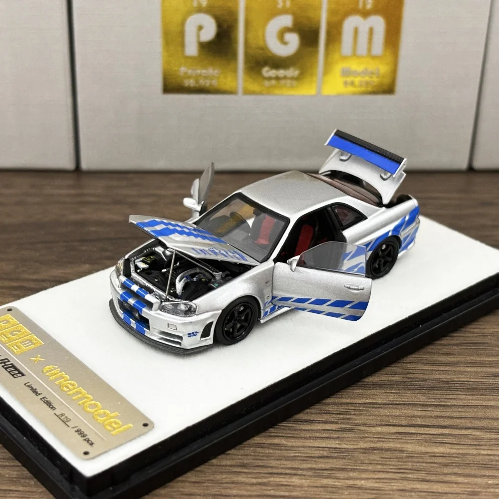 Newly Stocks PGM 1:64 Diecast Fully Opened GTR R34 Z-TUNE Fast and Furious Silver Blue Stripe Color In 2024