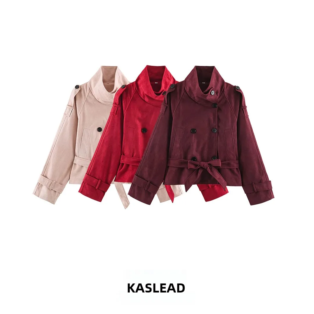 KASLEAD Women's Jacket Coat Faux Fur Texture Belted Waist Windproof 3046254 Polyester Fiber Long Sleeve Double Breasted