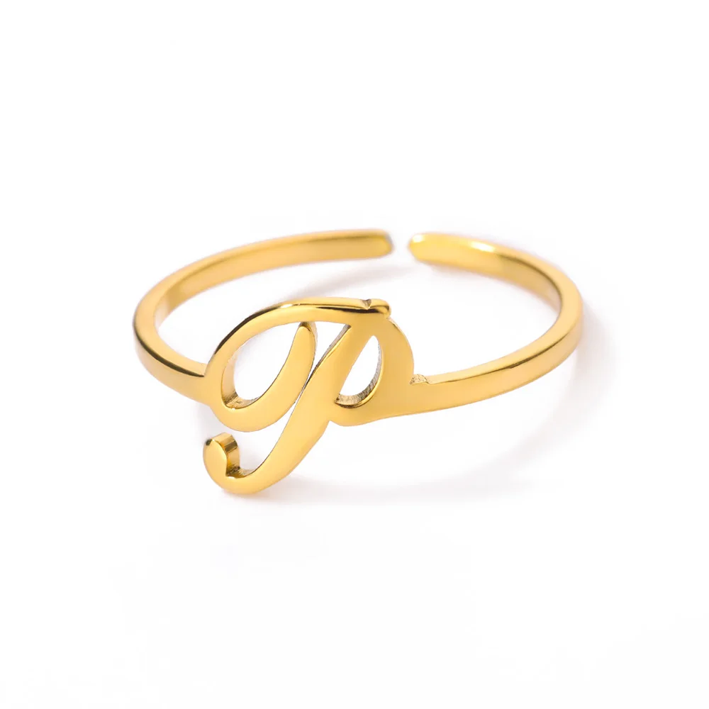 Initial Letter Rings for Women, Gold Color Adjustable A-Z Ring