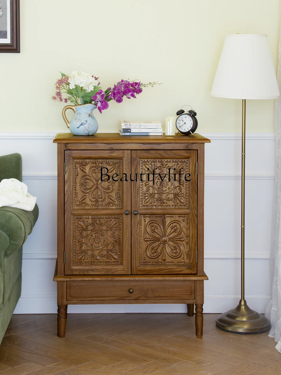 American Country Solid Wood Vintage Pastoral Style Carved Storage Cabinet Oak Dining Side Storage Cabinet with Drawer