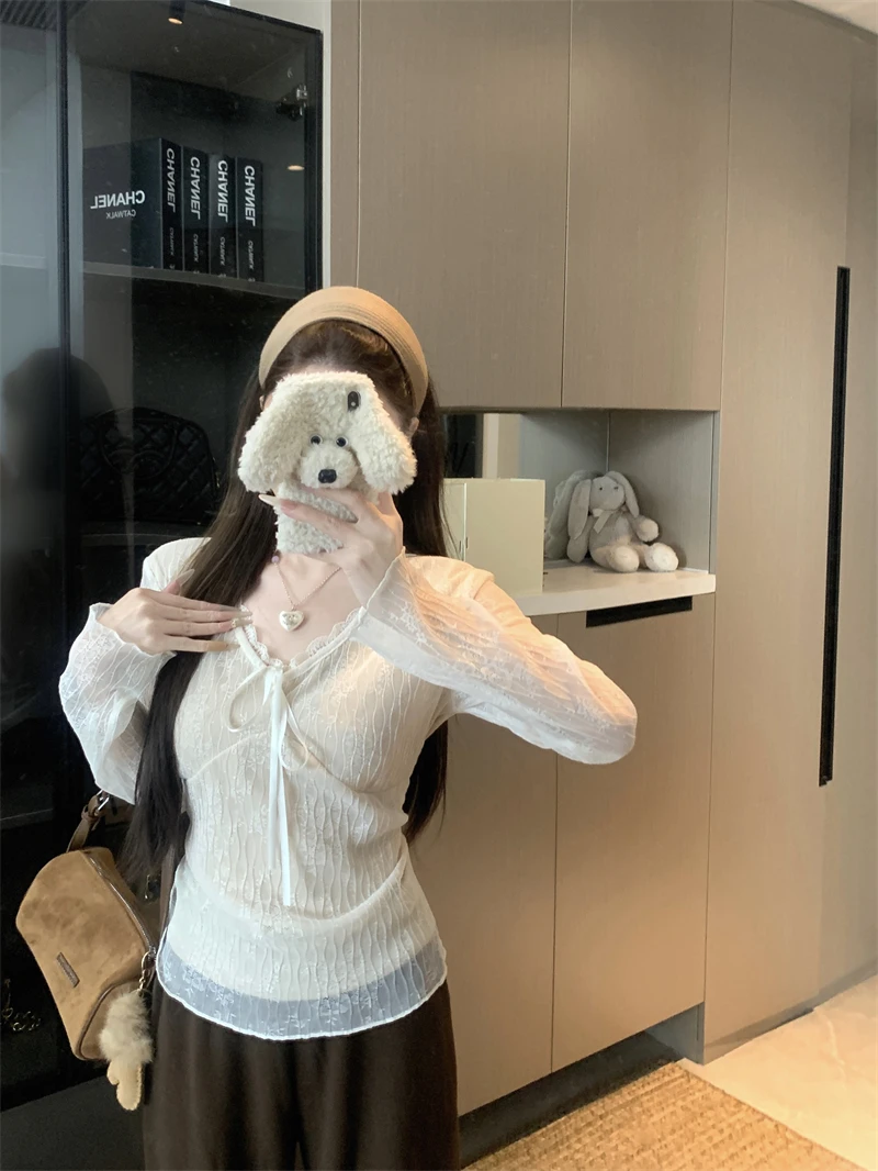 

Женская блузка Kumikumi Gentle Wind с кружевным V-образным вырезом, поясом и длинными рукавами, весенняя, омолаживающая, утягивающая, новый стиль, с узлом