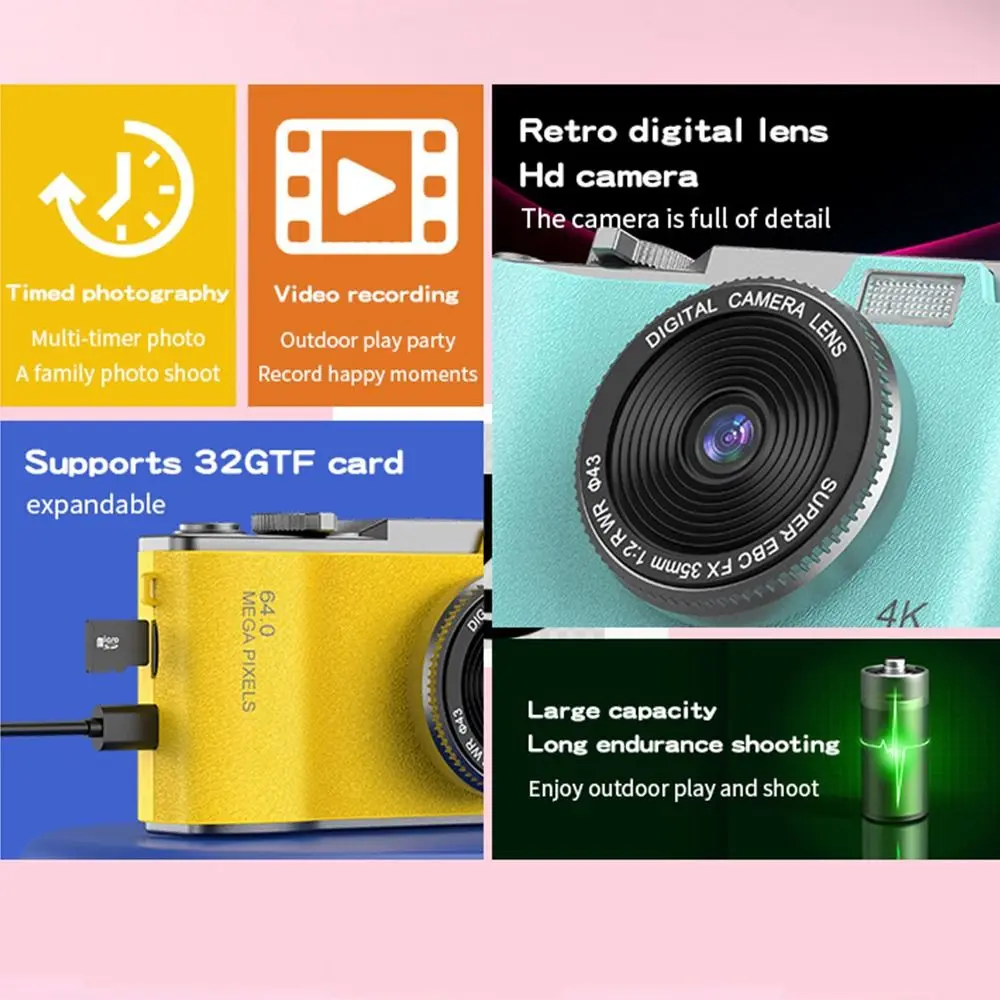 HD Display Digital Camera Anti Shake Front and Rear Dual Lens Compact Beginner Camera Portable 16X Digital Zoom Camera for Kids