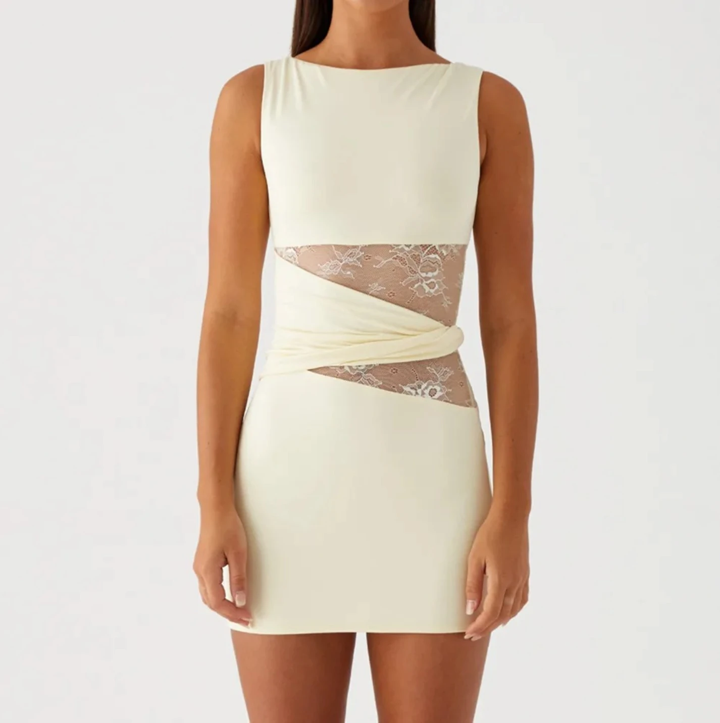 Frauen Sexy Spitze Patchwork Mini Kleid Ärmellose Slim Fit Cut Out Kurzes Kleid Elegante Cocktail Party Sommerkleid