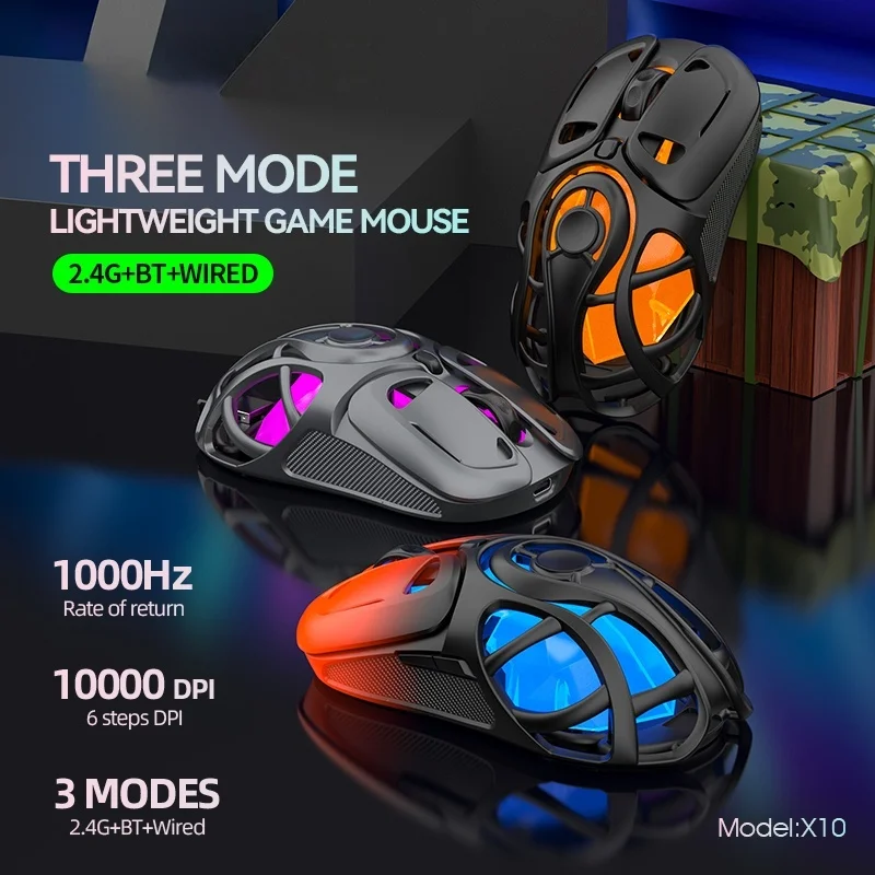Ratón inalámbrico X10 con Bluetooth, ratón de tres modos, diseño ligero y esqueletizado, ratón portátil para juegos para PC, Android, IOS, Universal