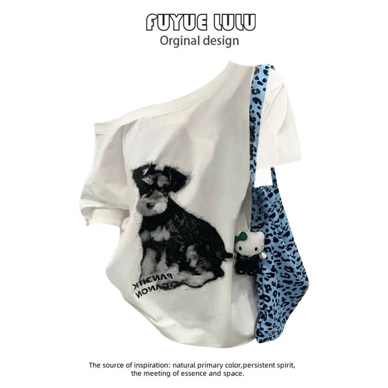 FUYUELULU Schnauzer Print One Shoulder Ort Sve T-irt Atasan Musim Panas Baru Wanita Kasual Nyaman Longgar