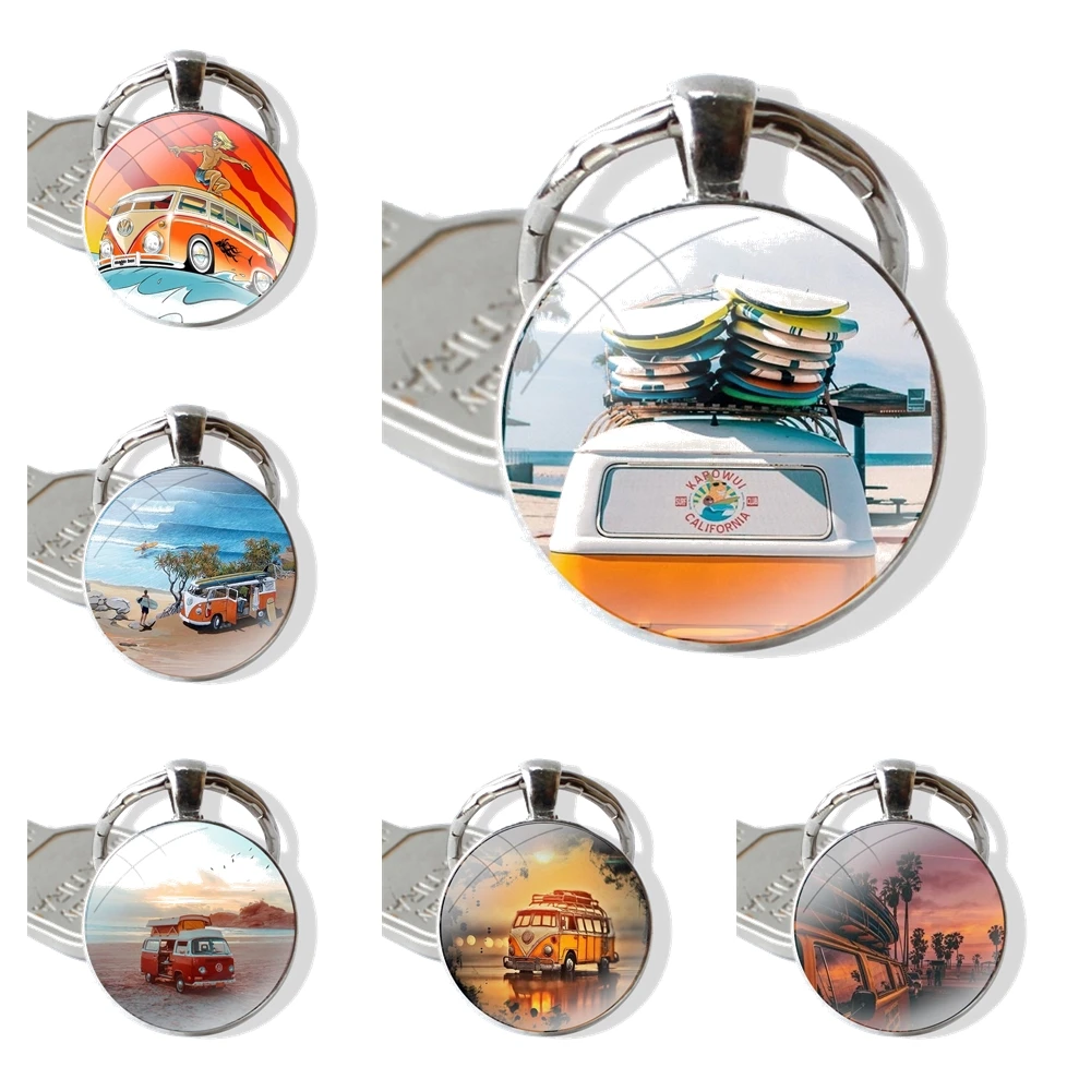 Combi Van Surf 25mm Glass Cabohcon Keychain Key Rings for Women Men Jewelry Gift