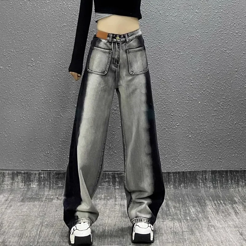 American Retro Contrasting Color High Waiste Straight Leg Wide Leg Jeans Spring Summer 2024 Women New Loose Slim Fit Pants